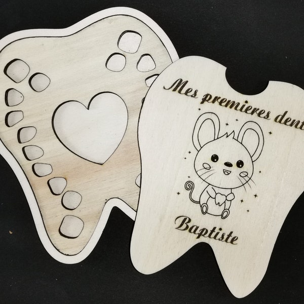 boite dent de lait. petite souris. personnalisable. en bois tilleul . image neutre ou peinte. Avec ou sans nom des dents (à preciser)