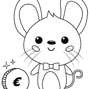 May include: A black and white cartoon illustration of a mouse wearing a bow tie, with a coin featuring the Euro symbol. The mouse has large ears, whiskers, and a curved tail. Two stars are next to the coin.