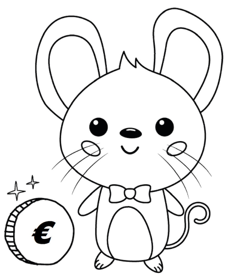 May include: A black and white cartoon illustration of a mouse wearing a bow tie, with a coin featuring the Euro symbol. The mouse has large ears, whiskers, and a curved tail. Two stars are next to the coin.
