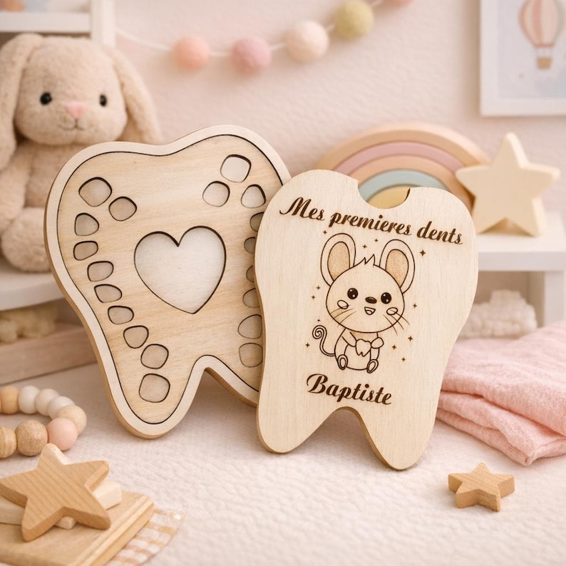 May include: Two wooden tooth-shaped boxes. One has a heart cutout and small holes. The other has a cartoon mouse illustration and the text "Mes premieres dents" and "Baptiste". The boxes are light brown.