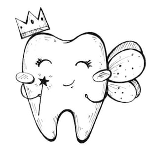 May include: A black and white illustration of a tooth fairy. The tooth is smiling, wearing a crown, and has fairy wings. It is holding a star-tipped wand. The image is a line drawing with a whimsical and friendly design.