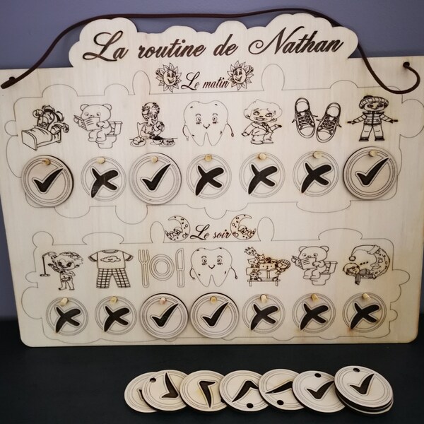 tableau routine pour enfant, matin et soir, en bois peuplier. personnalisable prénom. inspiration Montessori.