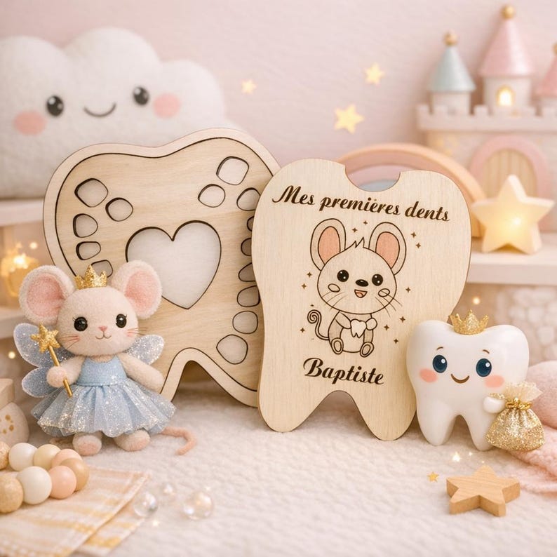 May include: A wooden tooth-shaped keepsake box with the text "Mes premi&egrave;res dents" and a cartoon mouse illustration. A plush mouse wearing a crown and holding a wand is next to the box. A smiling tooth figurine with a crown and a small bag is also present.