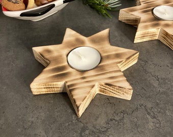 Wooden tealight holder | Star-shaped | Table decoration | Candle holder | Advent decoration | Flamed wooden star