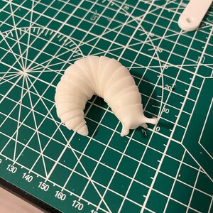 K&ouml;nnte beinhalten: Ein wei&szlig;es 3D-gedrucktes Modell einer Schnecke auf einer gr&uuml;nen Schneidematte.