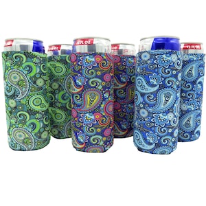 May include: Six colorful paisley patterned can coolers. The coolers are made of neoprene and are designed to keep drinks cold.