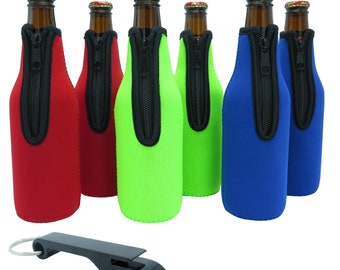 Beer Bottle Sleeves - Set of 6 - Extra Thick Neoprene with Stitched Fabric Edges with Bonus Bottle Opener (Classic)