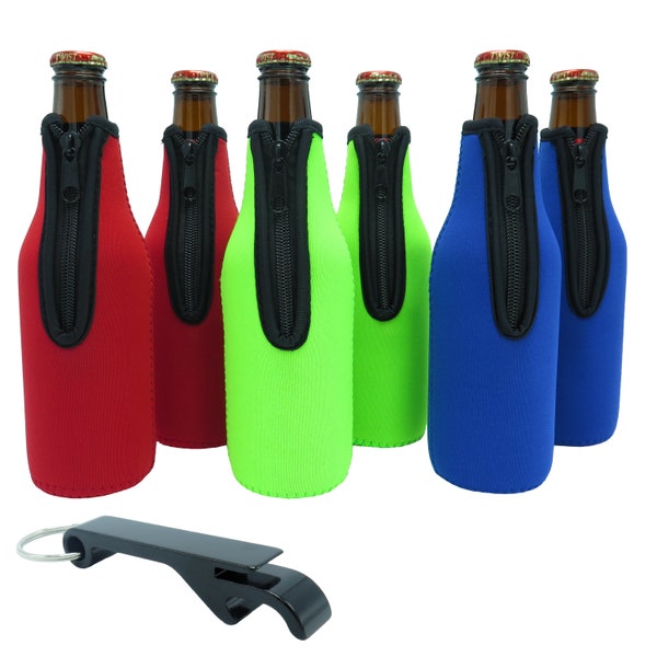 Beer Bottle Sleeves - Set of 6 - Extra Thick Neoprene with Stitched Fabric Edges with Bonus Bottle Opener (Classic)