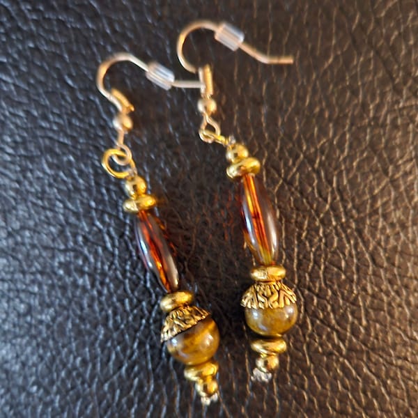 Tigers Eye Amber Beaded Gold Dangle & Drop Earrings