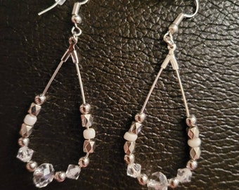 Silver and White Beaded Teardrop  Earrings