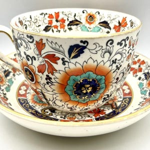 RARE Ashworth Bros Masons Ironstone Cup (Bowl) and Saucer c. 1890 - Rayner Old Japan Vase Pattern - Cream, Orange, Turquoise, Navy, Black