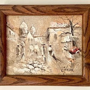 Signed Boris Chezar Oil & Sand Painting: Montmartre Market Scene