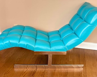 MCM Milo Baughman Style Wave Chaise Lounge by Carsons c. 1970 - Chrome Base, Blue Tufted Vinyl, Excellent Vintage Condition