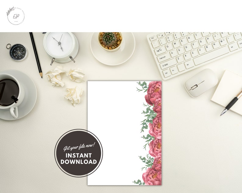 Printable Peonies Stationery Printable Line Paper Writing Etsy UK
