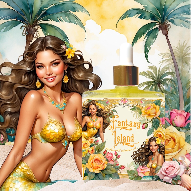 Puede incluir: Una botella de perfume e intenci&oacute;n Fantasy Island con una ilustraci&oacute;n de sirena y rosas amarillas. La botella es transparente con una tapa dorada y un gotero.