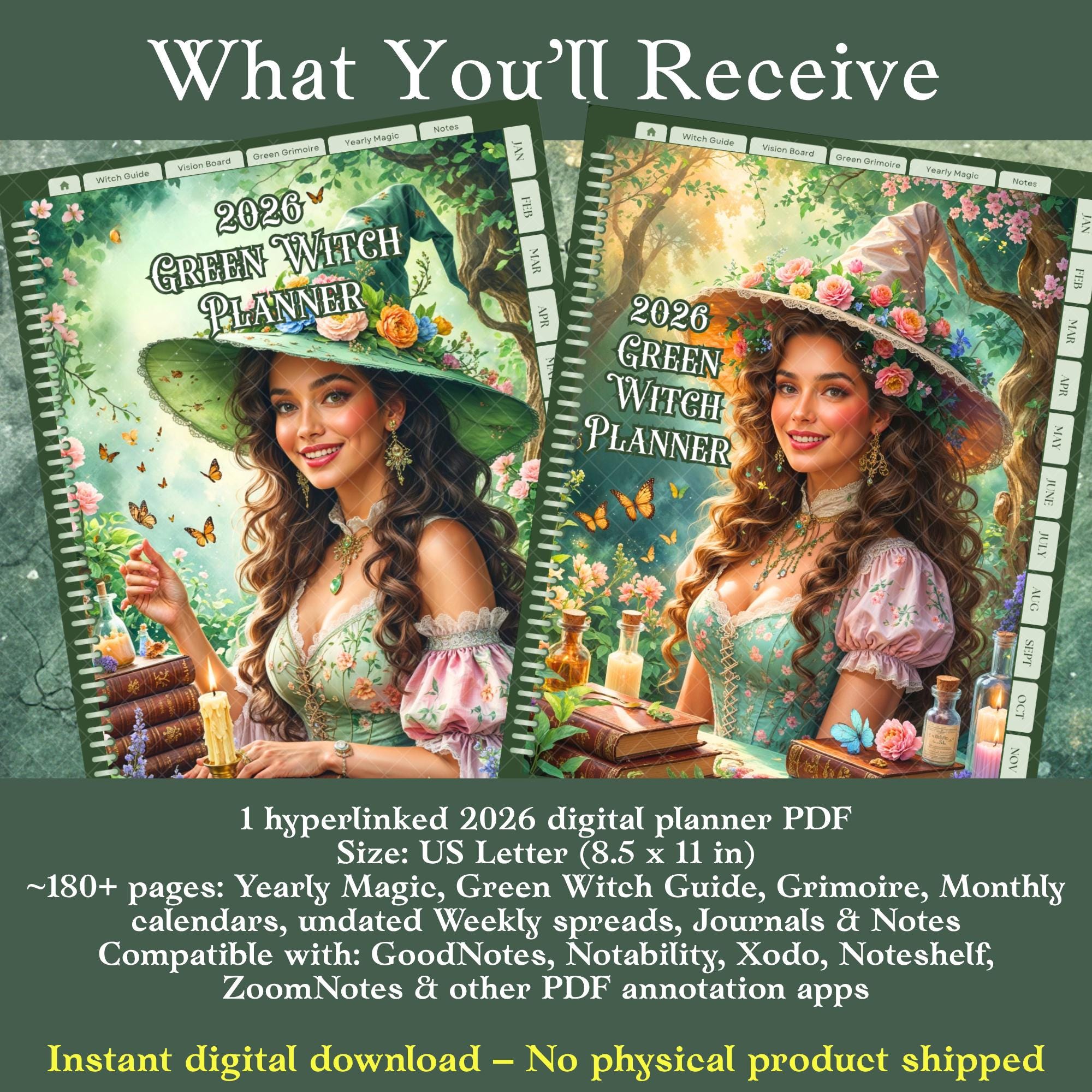 2026 Green Witch Digital Planner Goodnotes Hyperlinked Witchcraft ...