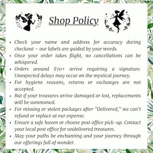 Puede incluir: Texto de la pol&iacute;tica de la tienda con una ilustraci&oacute;n de hada de ensue&ntilde;o. El texto describe las pol&iacute;ticas para pedidos superiores a 70 &euro;, devoluciones y art&iacute;culos da&ntilde;ados o perdidos.