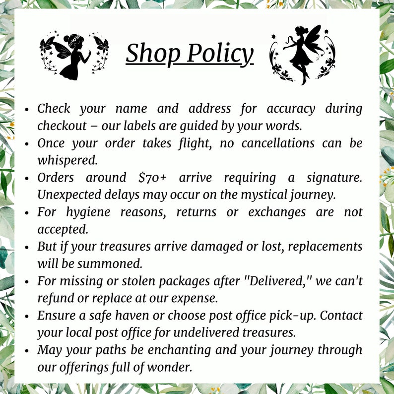 Puede incluir: Texto de la pol&iacute;tica de la tienda con una ilustraci&oacute;n de hada de ensue&ntilde;o. El texto describe las pol&iacute;ticas para pedidos superiores a 70 &euro;, devoluciones y art&iacute;culos da&ntilde;ados o perdidos.