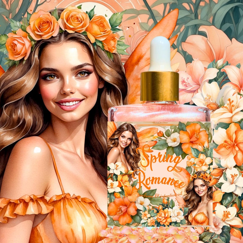 Może przedstawiać: Przezroczysta butelka szklana z złotą zakrętką i r&oacute;żowym płynem w środku. Butelka ma etykietę z napisem "Spring Romance" i przedstawia wz&oacute;r kwiatowy z pomarańczowymi, ż&oacute;łtymi i białymi kwiatami.