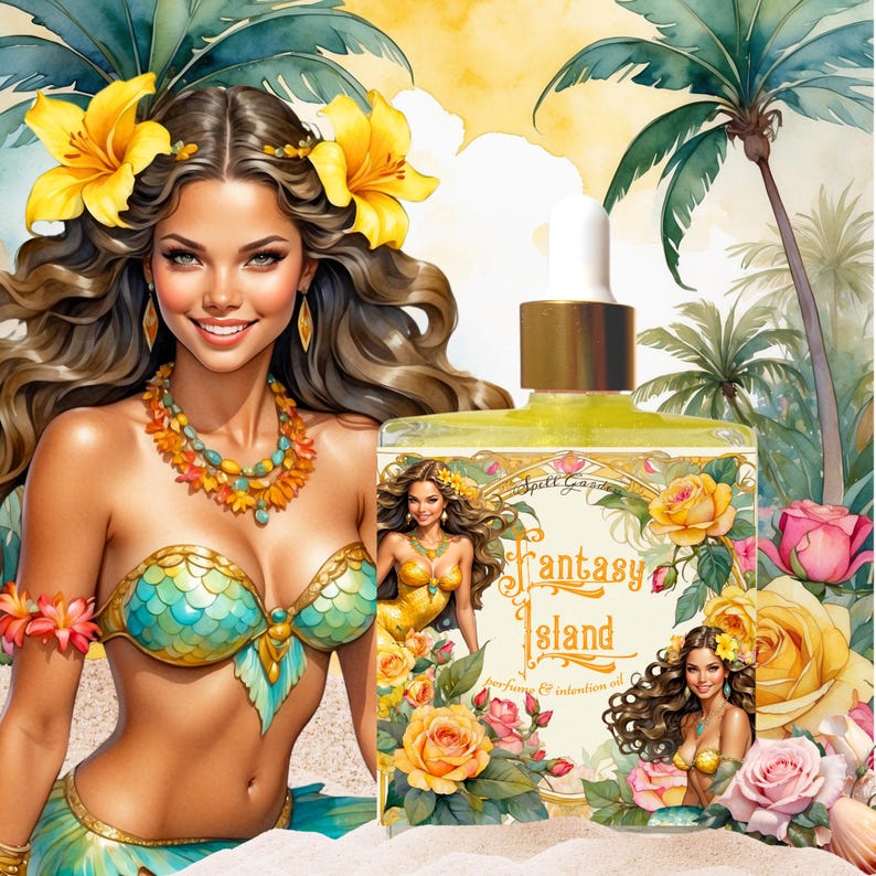Puede incluir: Una botella de perfume e intenci&oacute;n Fantasy Island. La botella est&aacute; decorada con una sirena, rosas amarillas y el texto "Fantasy Island perfume & intention oil".