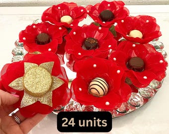 FABRIC Flower Truffle Wrappers With Pearls: Red & Beige Party Favors