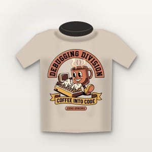 Peut inclure: Un t-shirt beige avec une illustration de tasse de café animée avec des bras et des jambes tapant sur un clavier d'ordinateur. Le texte indique DEBUGGING DIVISION, COFFEE INTO CODE et ZERO ERRORS. Le design utilise une palette de couleurs rétro.