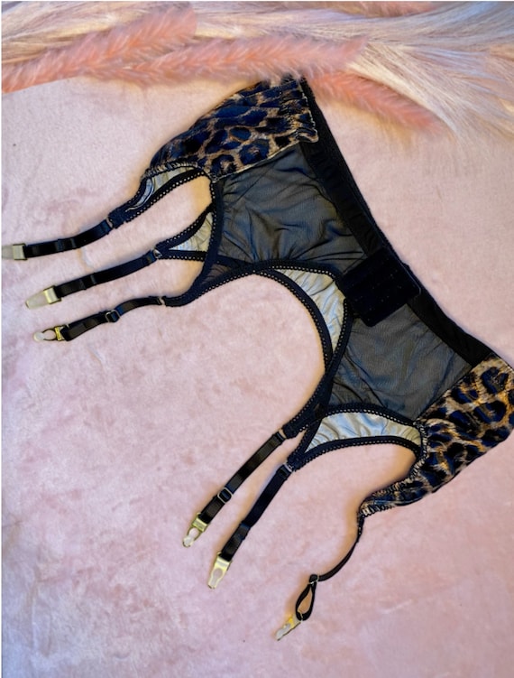 leopard print garter belt Six Clip Suspender Belt, Velvet Leopard Print