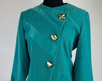 90&#39;s Turquoise Asymmetrical Slim Fit Blazer Big Gold Buttons Vintage