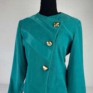 90's Turquoise Asymmetrical Slim Fit Blazer Big Gold Buttons Vintage image 1