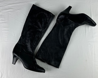 Black Leather Calf High Heel Boots Vintage Y2K 2000&#39;s Size 7 1/2
