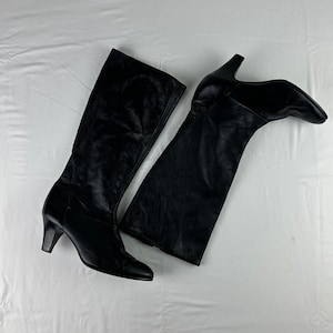Black Leather Calf High Heel Boots Vintage Y2K 2000's Size 7 1/2