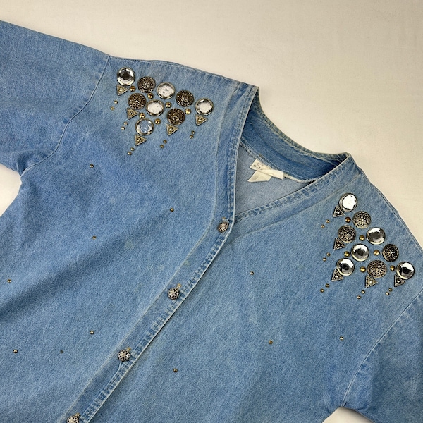 80's Bedazzled Stud Rhinestone Glam Denim Shirt Dress