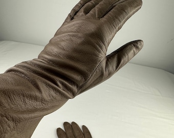 90-tals beige läderhandskar med mellanlånga