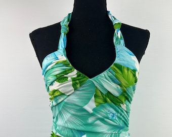 Y2K Coastal Halter Dress Ruched with Handkerchief Hem Hawaiian Tropical Print Vintage