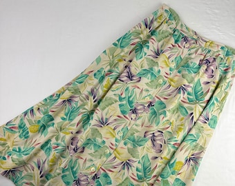 Jupe mi-longue vintage à fleurs tropicales en soie des années 90
