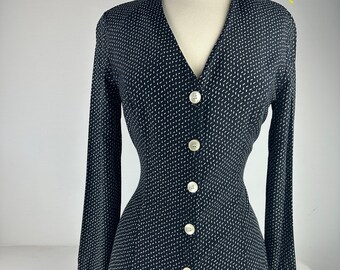 90er Jahre Tailored Black Dash Print Langarm Viskose Bluse Vintage