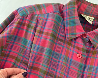 80's Colorful Plaid Casual Button Down Blouse Vintage