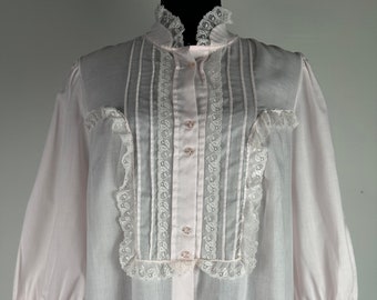 Cottage coton rose longue robe de nuit dentelle garniture vintage