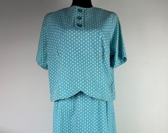 60's Mod Aqua Floral Skirt Blouse Summer Set
