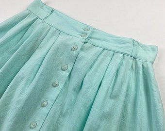 90's Mint Midi High Waist Pleated Button Up Skirt Vintage