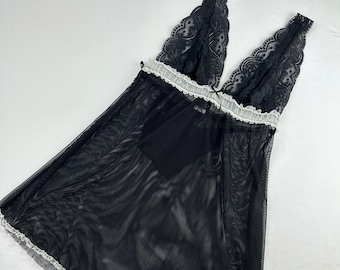 Y2K Mesh Lace Babydoll Teddie with Panty Vintage Lingerie Black Empire Waist