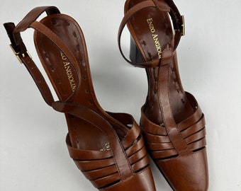 Vintage Brown Leather T-Strap Heels Mary Jane Pumps Shoes