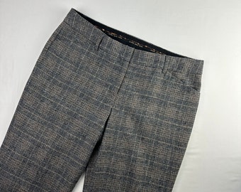 Pantalones delanteros planos a cuadros de lana gris Vintage 00's pierna ancha pantalones largos de talle medio