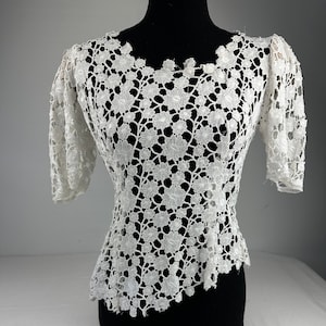 Vintage Lace Blouse Puff Sleeves White Crocheted Top