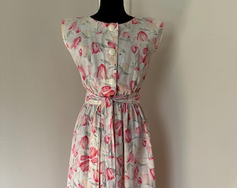 Crisp Cotton Floral Midi Sun Kleid Vintage 90er Jahre