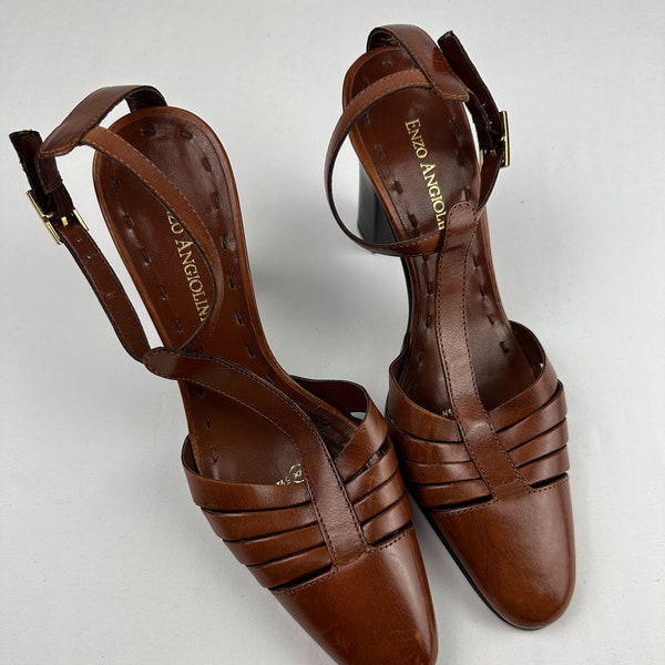 Vintage Brown Leather T-Strap Heels Mary Jane Pumps Shoes