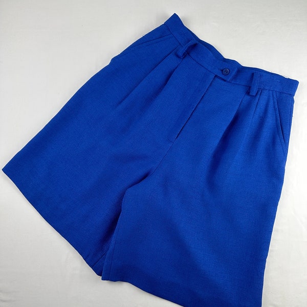 90's Royal Blue Mom Shorts High Waist Pleated Vintage Bermuda Culottes