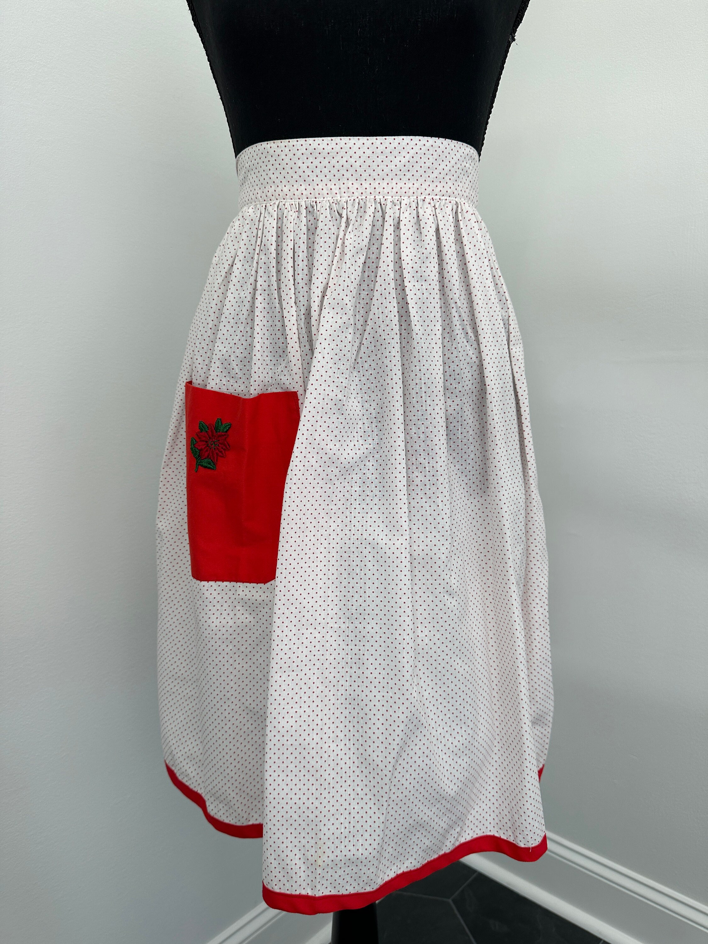 Polka Dot Christmas Poinsettia Apron Vintage Holiday 70&#39;s
