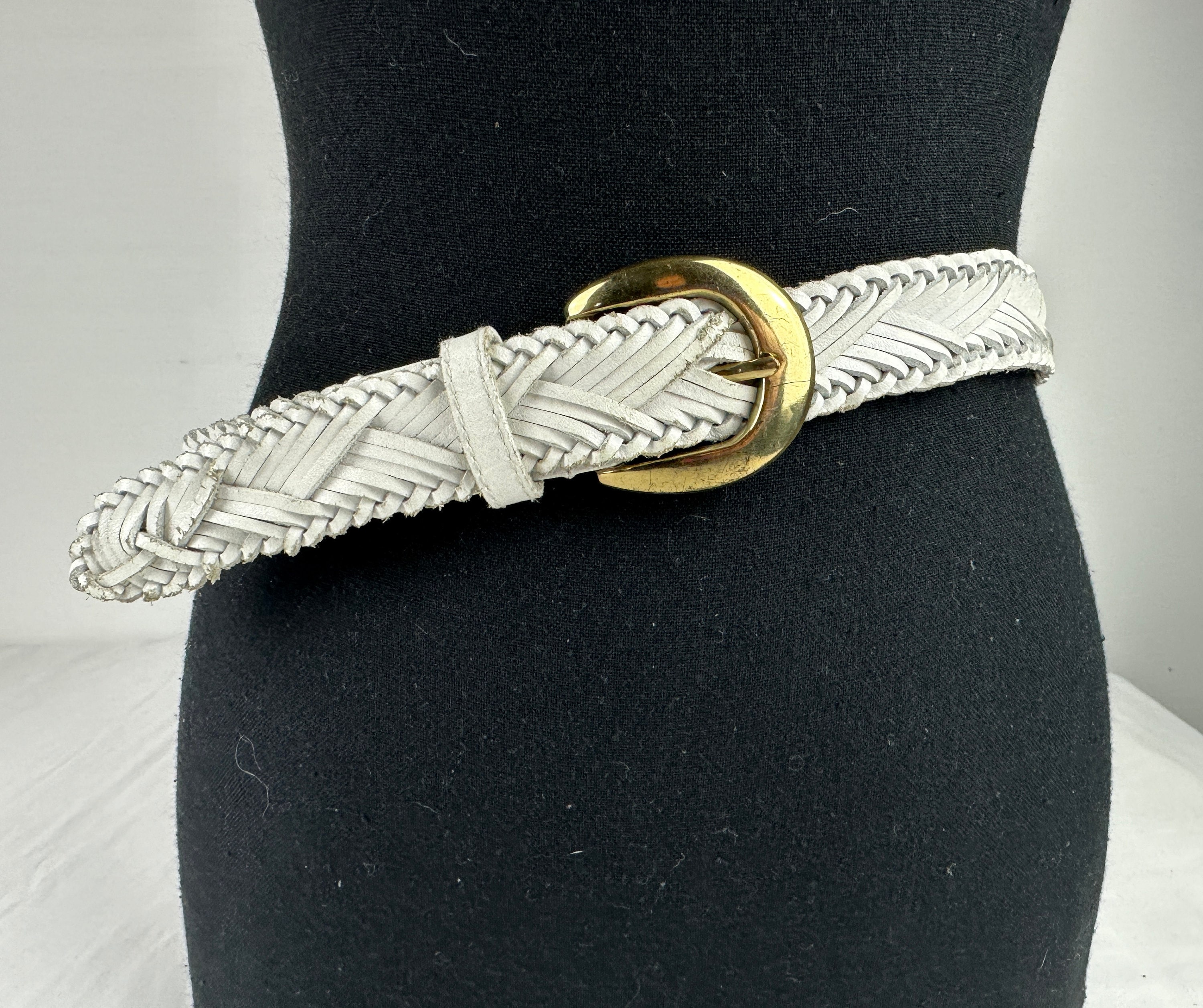 Vintage White Woven Leather Belt Braided Gold Tone Buckle 90s Y2K Size M Vintage 90s Metallic Braided Belt for Women | Mercari main image 3
