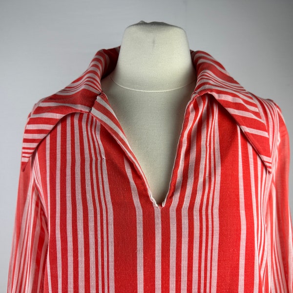 70's Orange Red Striped Tunic Dramatic Collar Vintage